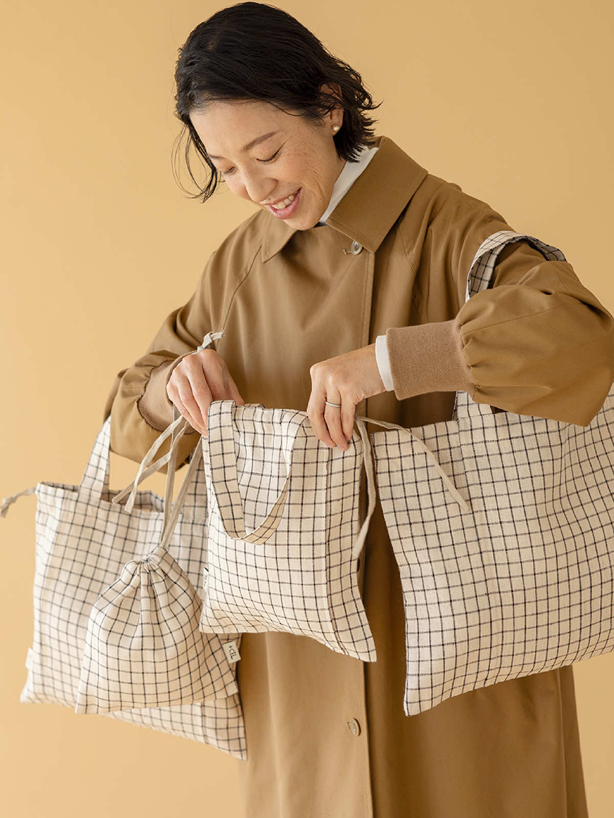 リトアニア リネン巾着 チェック FREE