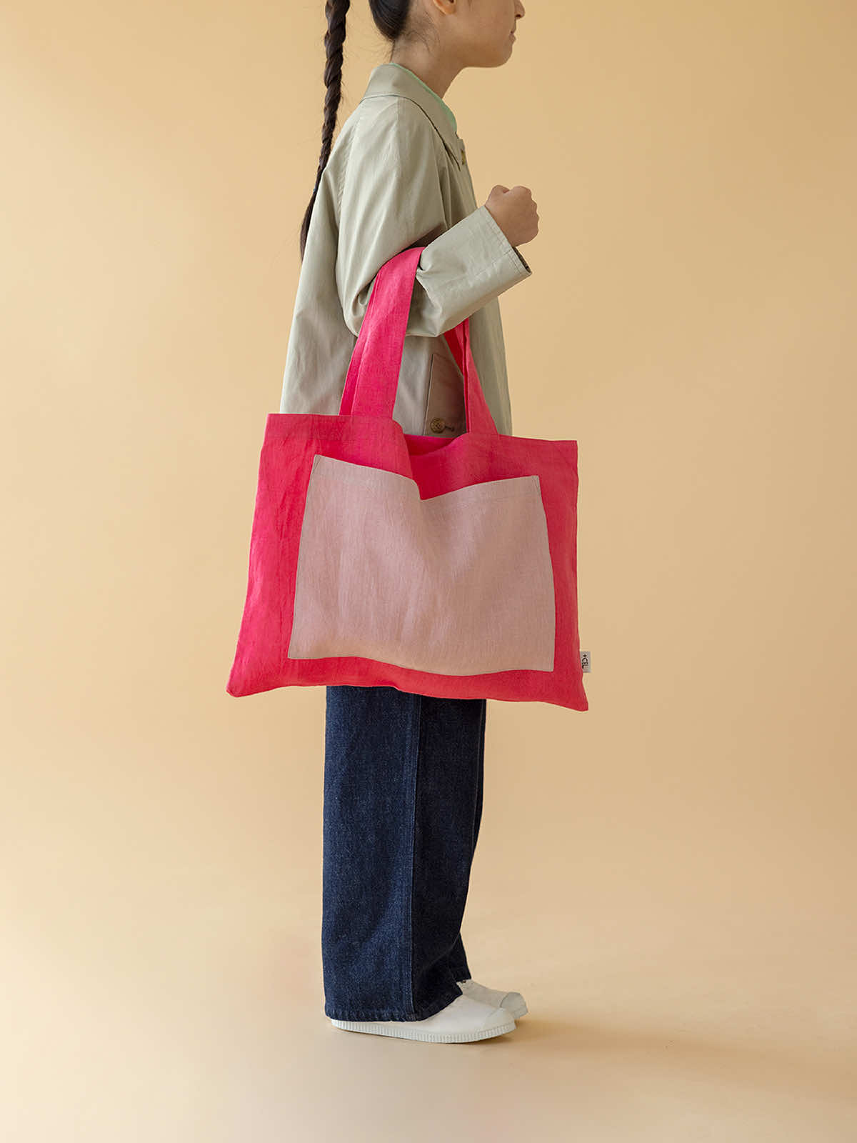 インド リネンバッグL ディープピンク×ライトピンク L