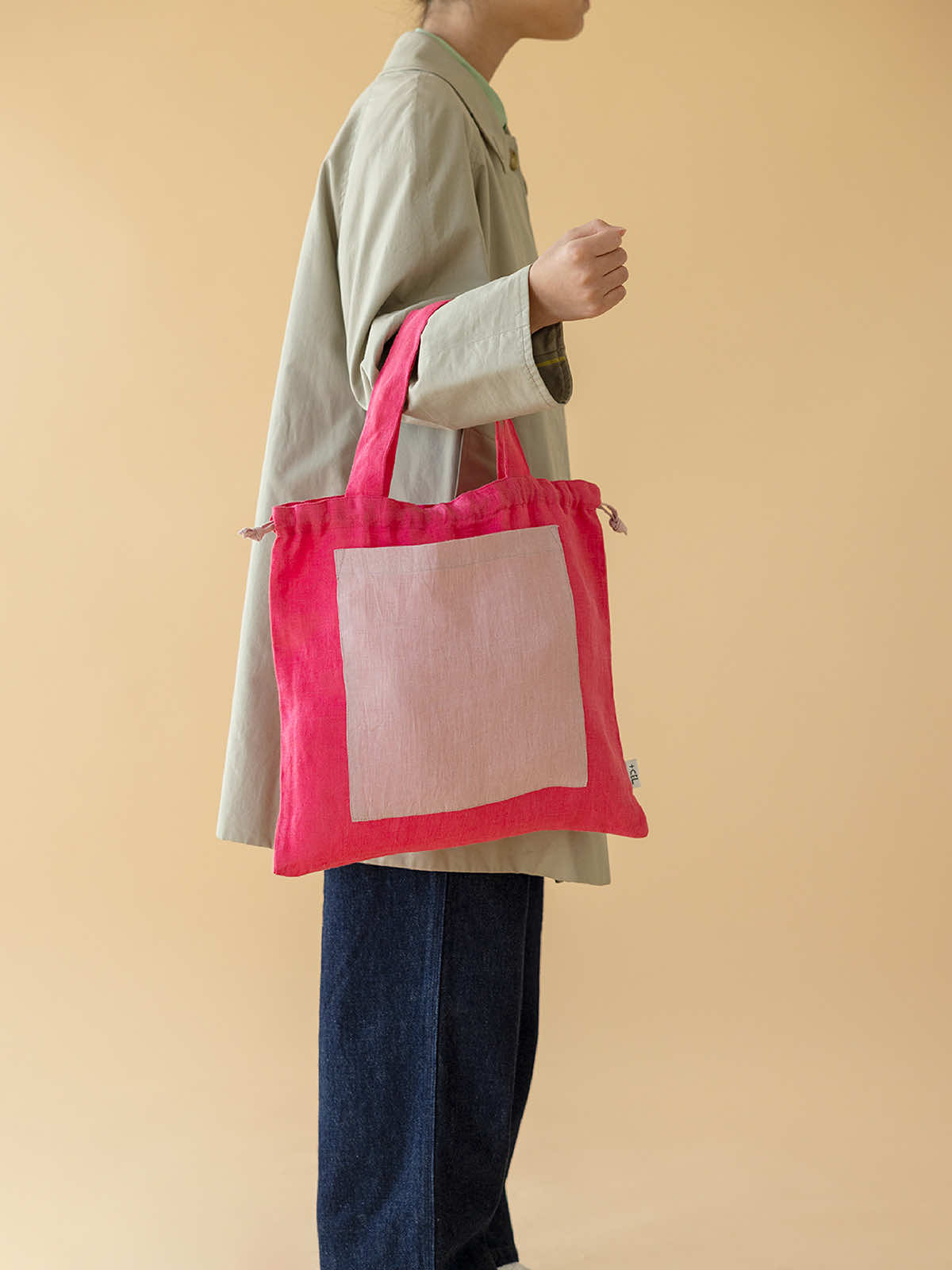 インド リネンバッグM ベージュ×ネイビー M