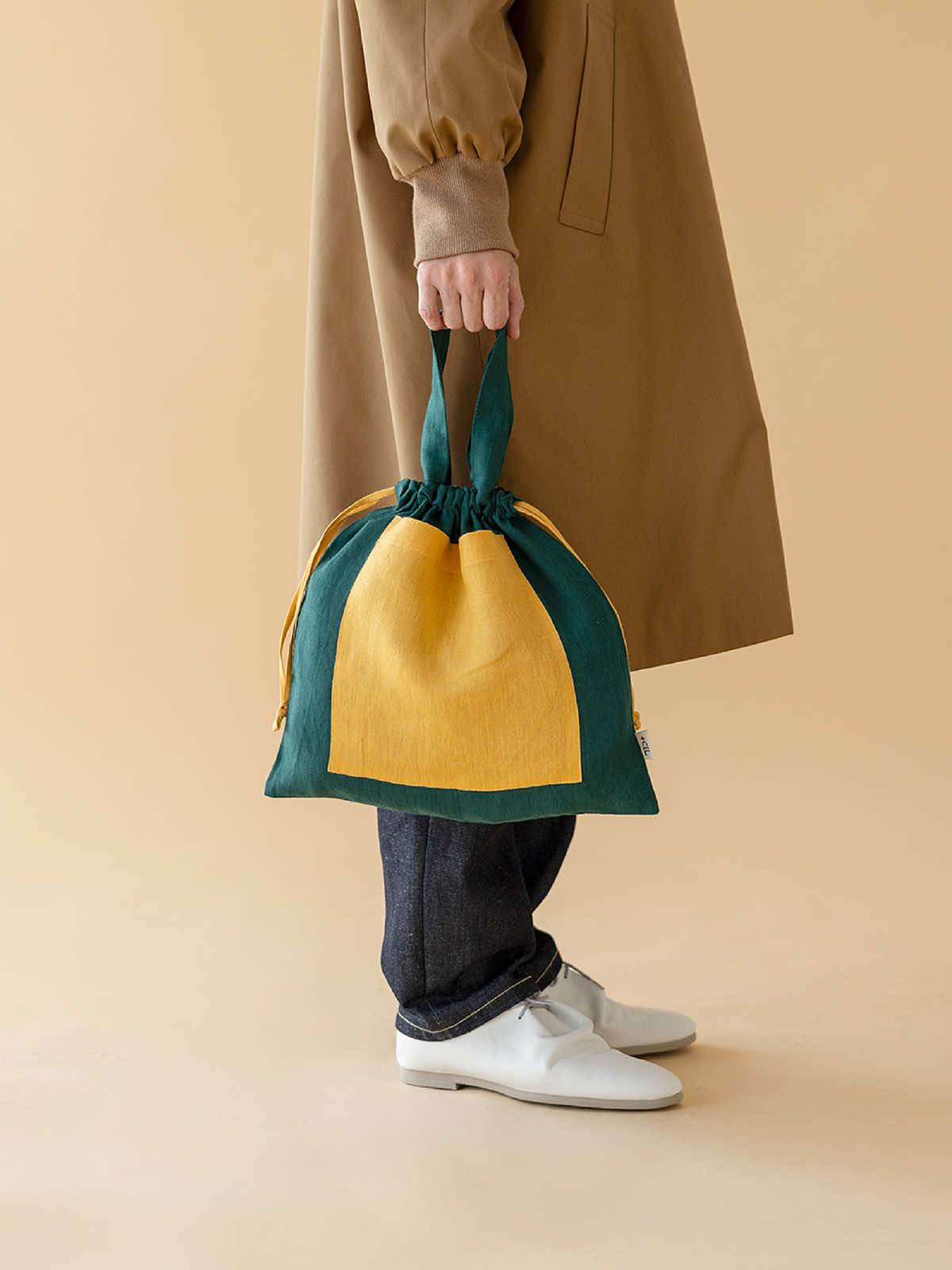 インド リネンバッグM ベージュ×ネイビー M